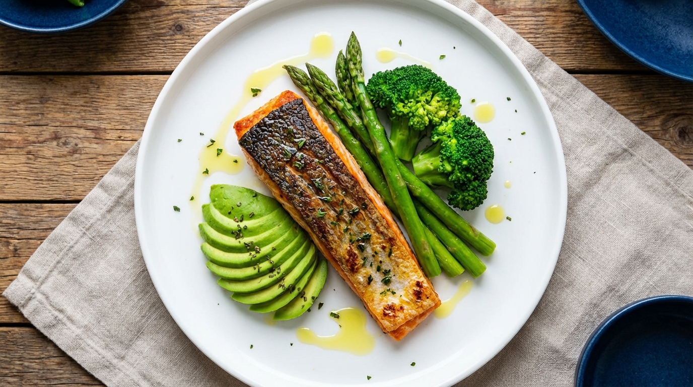 A close-up shot of a grilled salmon fillet served with fresh avocado slices and a side of steamed greens on a white ceramic plate.