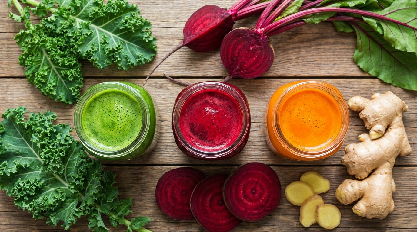 a top-down view of vibrant green, red, and orange juices in glass jars surrounded by fresh kale, sliced beets, and ginger roots