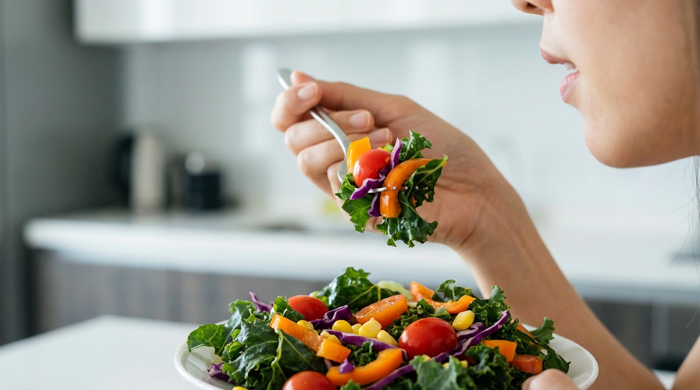 A close-up of a person mindfully eating a colorful salad with a fork, focusing on the texture and colors of the food.