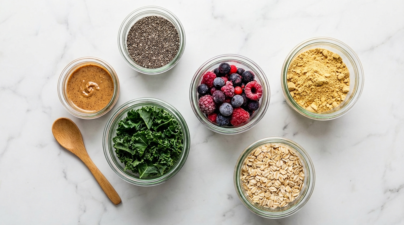 A top-down view of several small glass jars filled with diverse smoothie ingredients like chia seeds, chopped kale, and frozen berries on a white marble counter