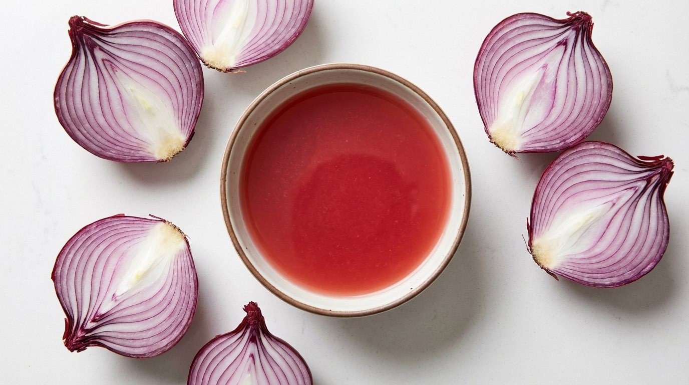 A top-down shot of several halved red onions and a bowl of fresh juice on a clean white countertop