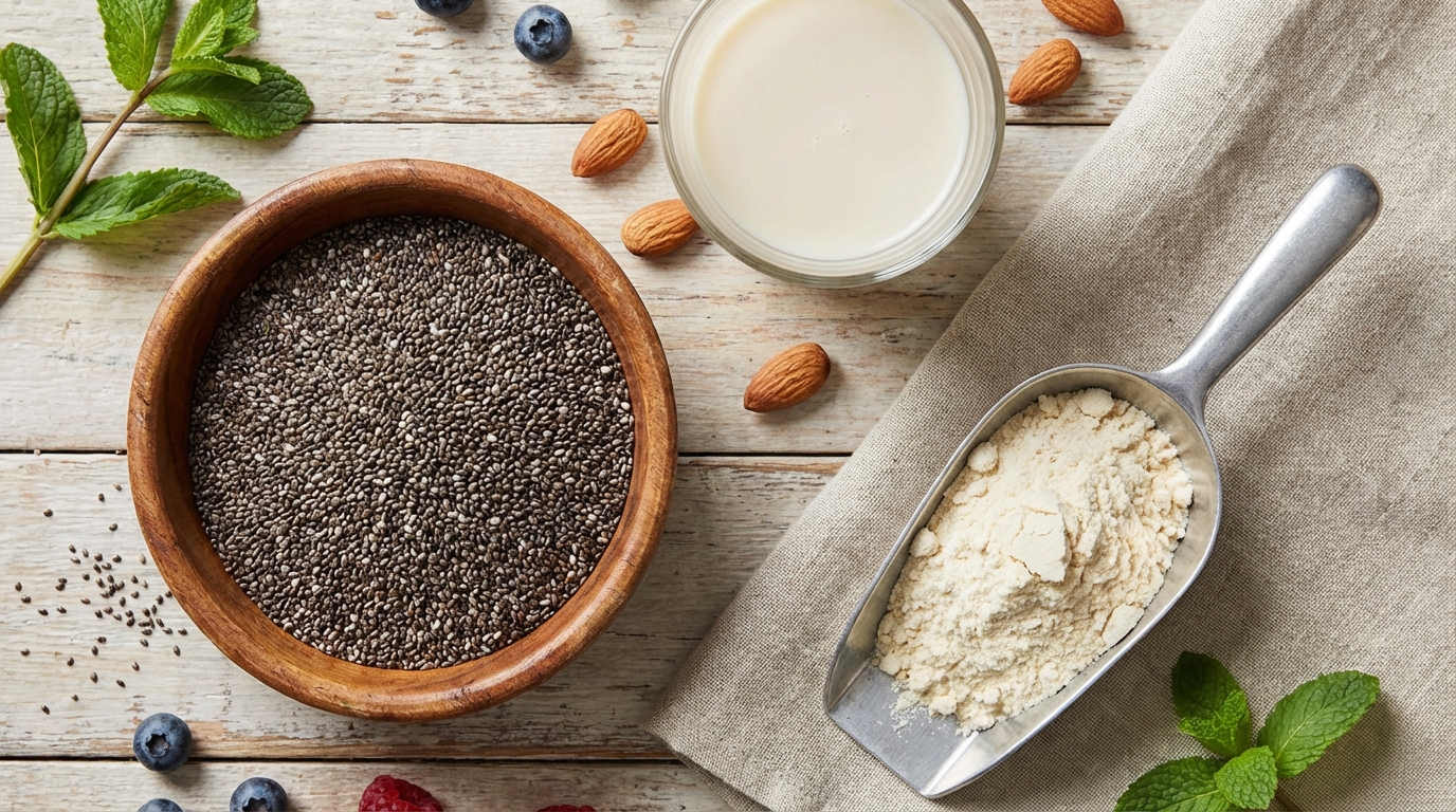 a top-down view of dry black chia seeds in a small wooden bowl next to a glass of unsweetened almond milk and a scoop of vanilla protein powder