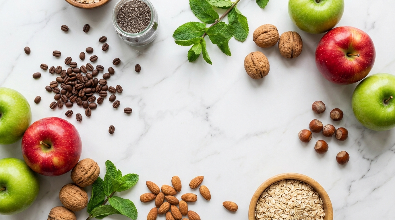 a professional flat lay of various whole foods like apples, coffee beans, and nuts on a clean white marble surface