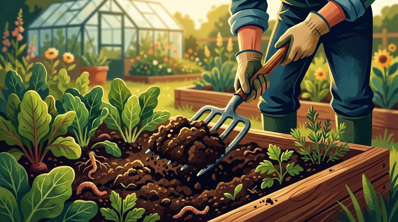 a person using a garden fork to gently turn over dark, rich soil in a raised garden bed