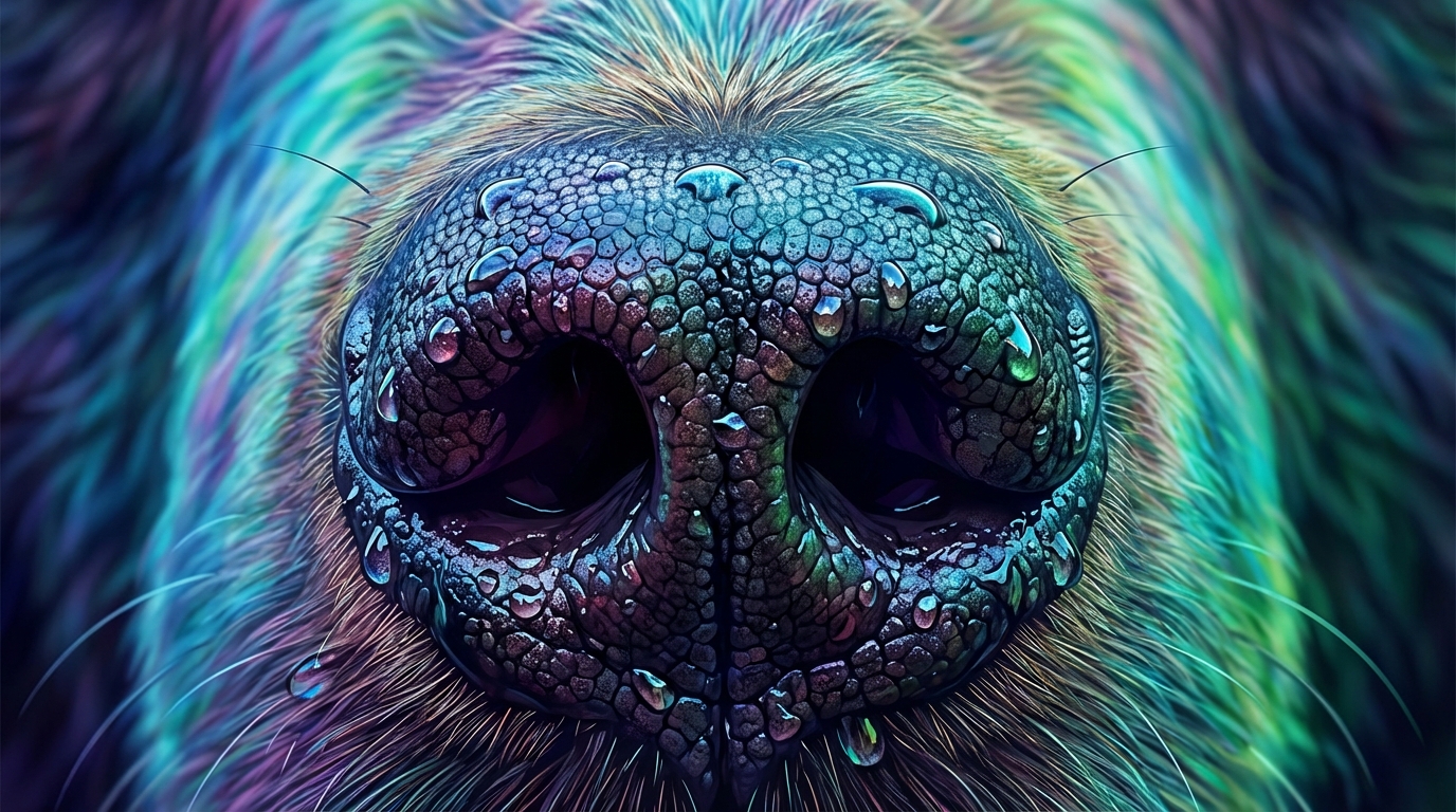 A detailed close-up of a grizzly bear's wet black nose with visible texture and moisture, highlighting its sensory complexity.