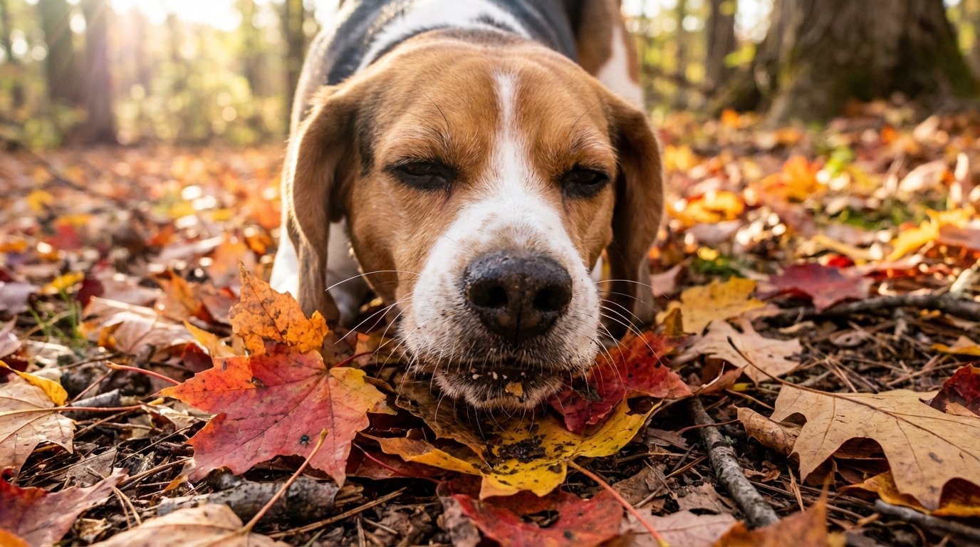 a close-up photograph of a curious beagle with its nose pressed firmly against colorful autumn leaves on the ground