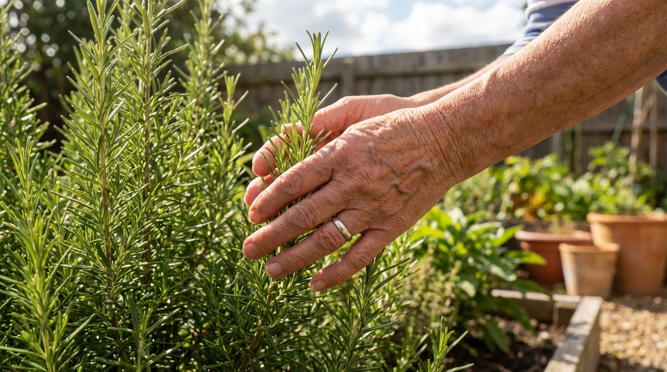 a close up photograph of a senior woman's hands gently brushing over a vibrant green rosemary bush in a sunny garden