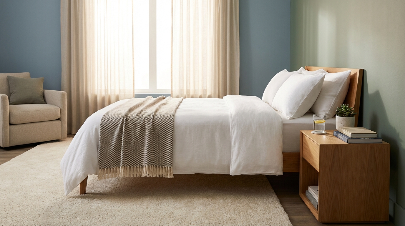 A serene bedroom setting with soft lighting, a tidy bed with white linens, and a glass of water on the nightstand.