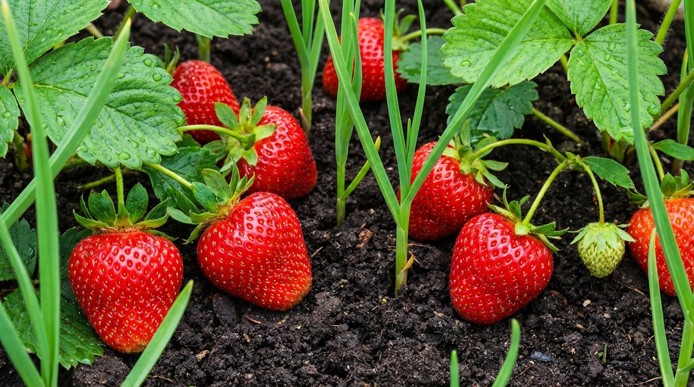 A close-up of vibrant red strawberries growing in the soil next to the green shoots of young garlic plants.