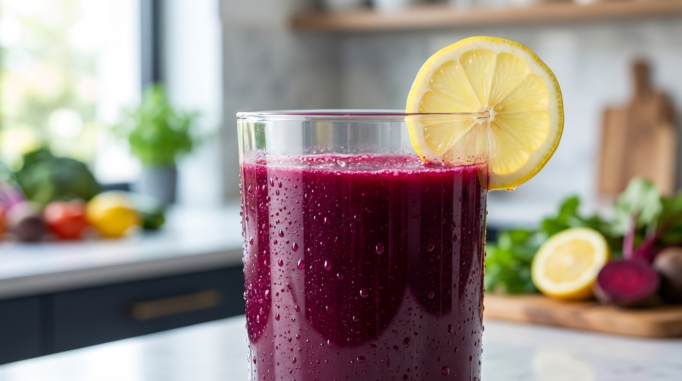 a close-up of a glass of dark purple beet juice with small droplets of condensation and a slice of lemon on the rim