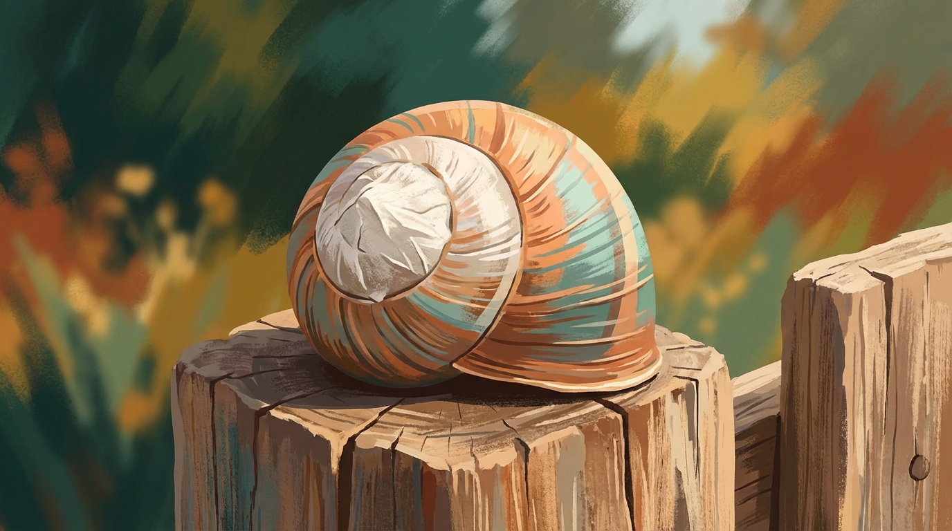 a snail retracted into its shell with a visible papery white seal over the opening resting on a dry wooden fence