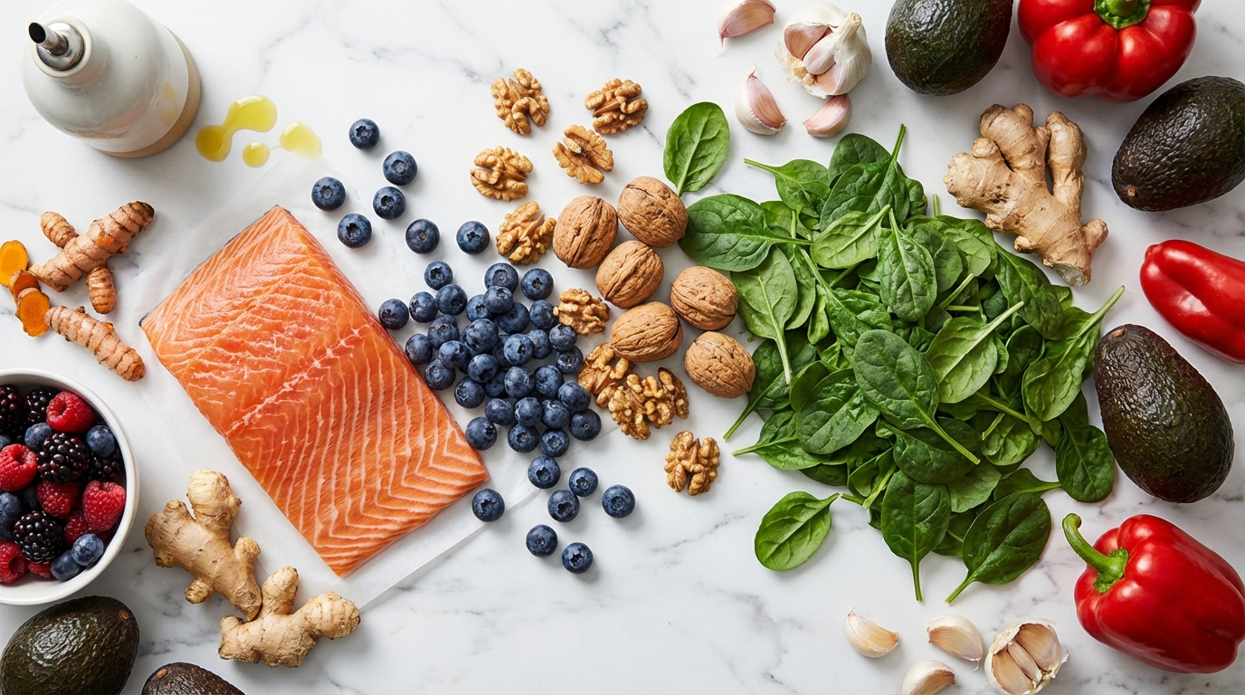a colorful assortment of anti-inflammatory foods like walnuts, salmon, blueberries, and spinach on a white marble countertop