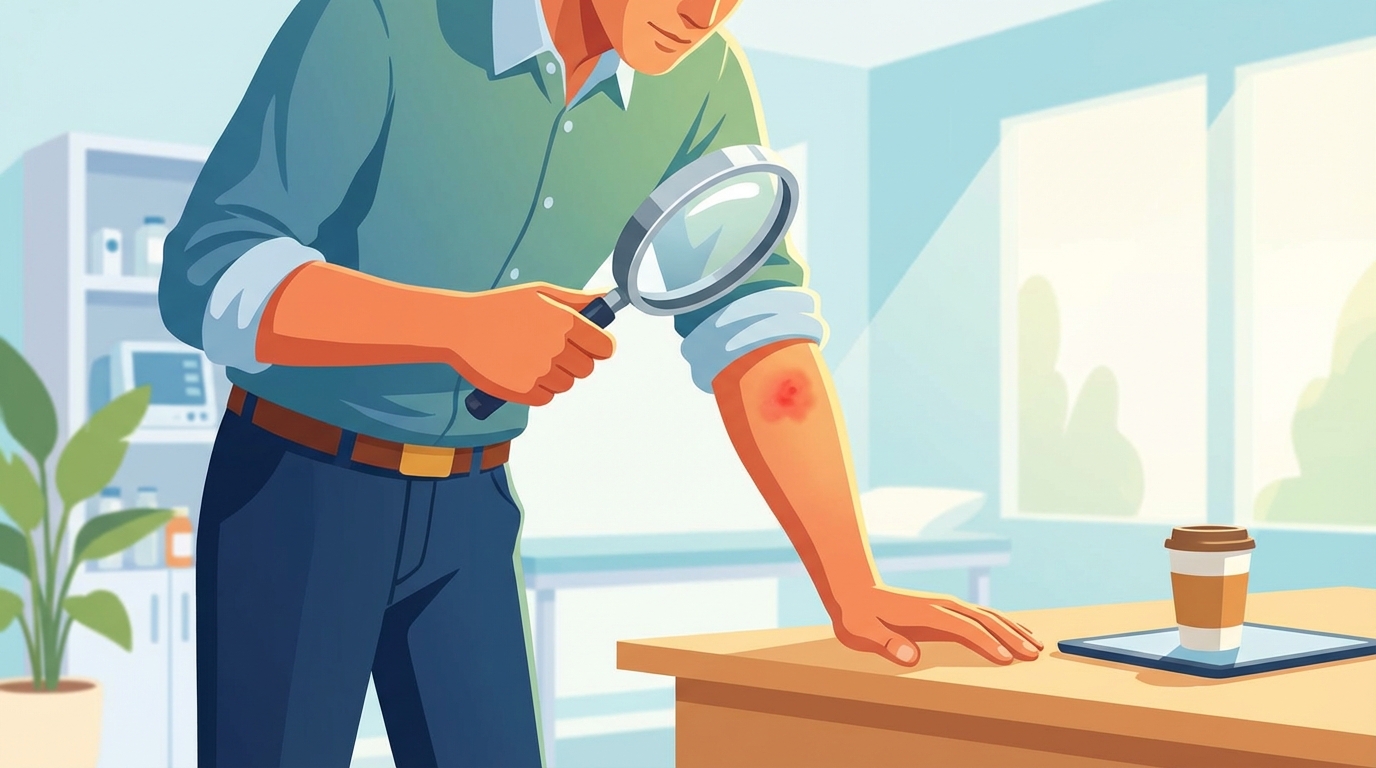 a person using a magnifying glass to inspect a red mark on their forearm in a bright clinical setting