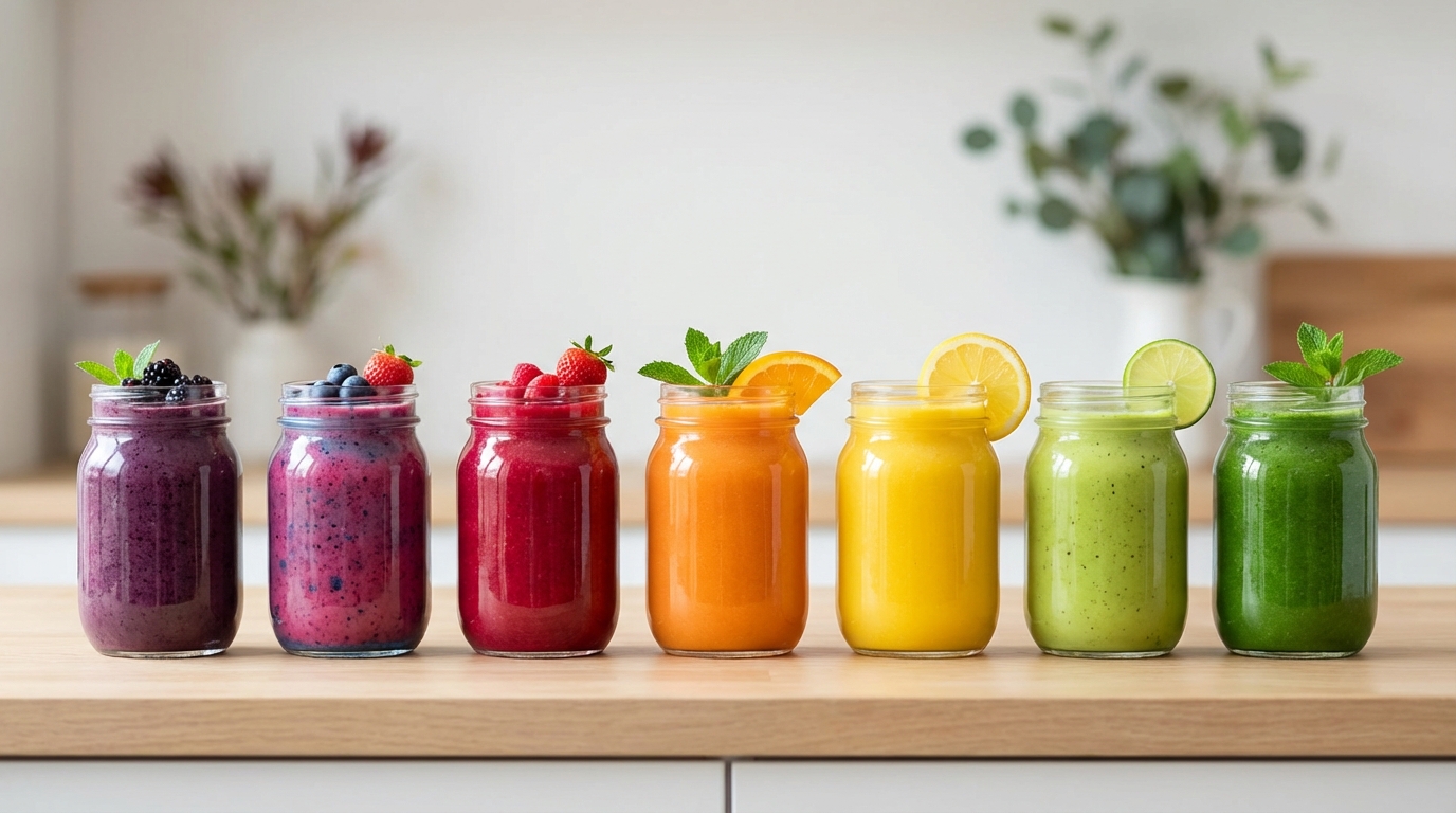 A vibrant array of seven different smoothies in glasses, ranging in color from deep purple to bright orange and emerald green