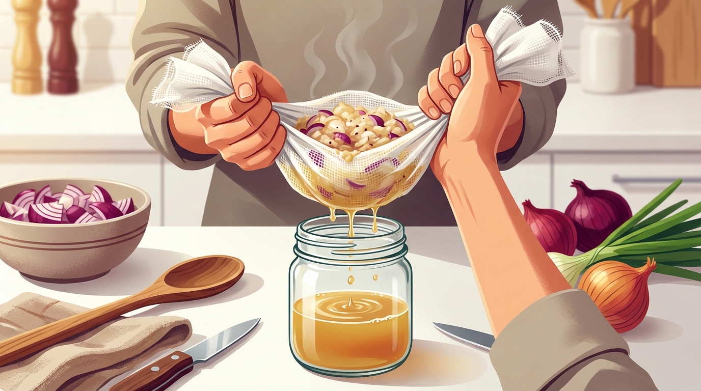 A person straining fresh onion pulp through a white cheesecloth into a clear glass jar