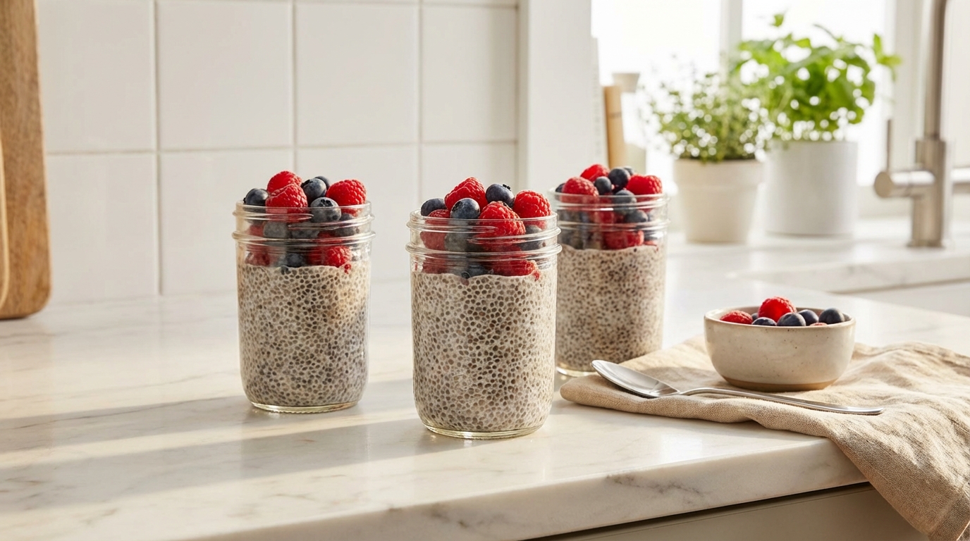 three glass jars of chia pudding topped with fresh raspberries and blueberries sitting on a bright white kitchen counter