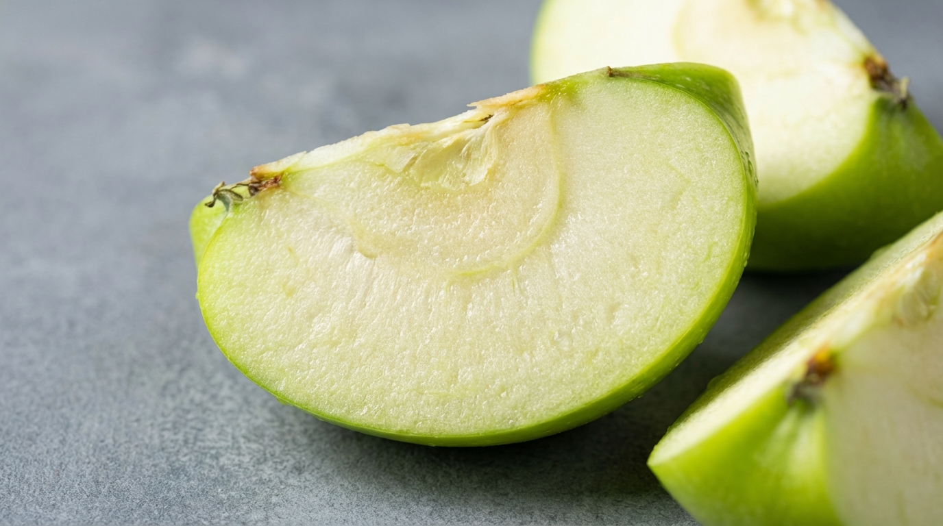 a close-up of a sliced green apple showing its crisp texture on a neutral grey background