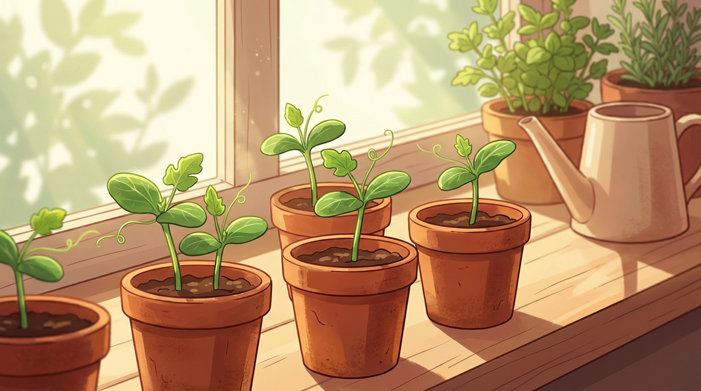 vibrant green watermelon seedlings growing in small terracotta pots on a sunny windowsill