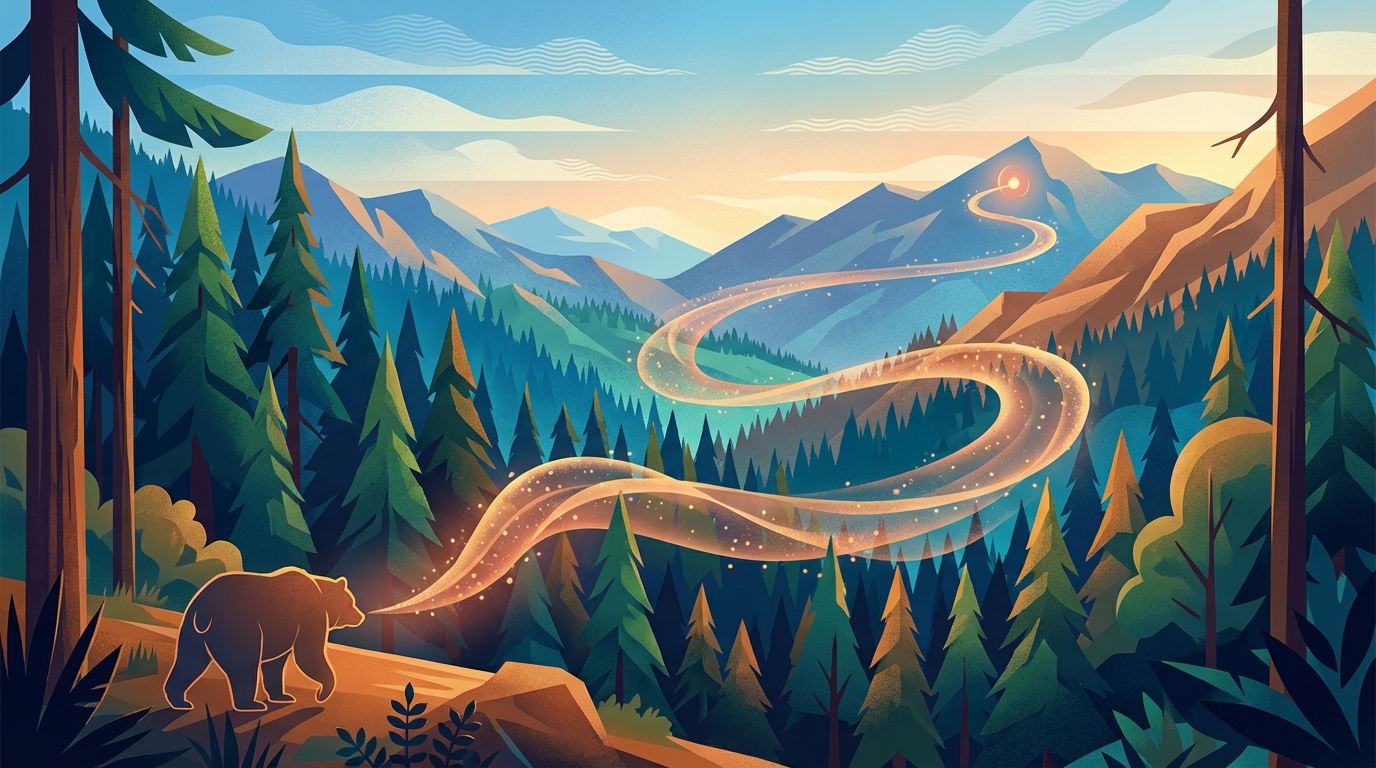 An expansive landscape of a dense forest and mountains, representing the vast distances over which a bear can track scents.