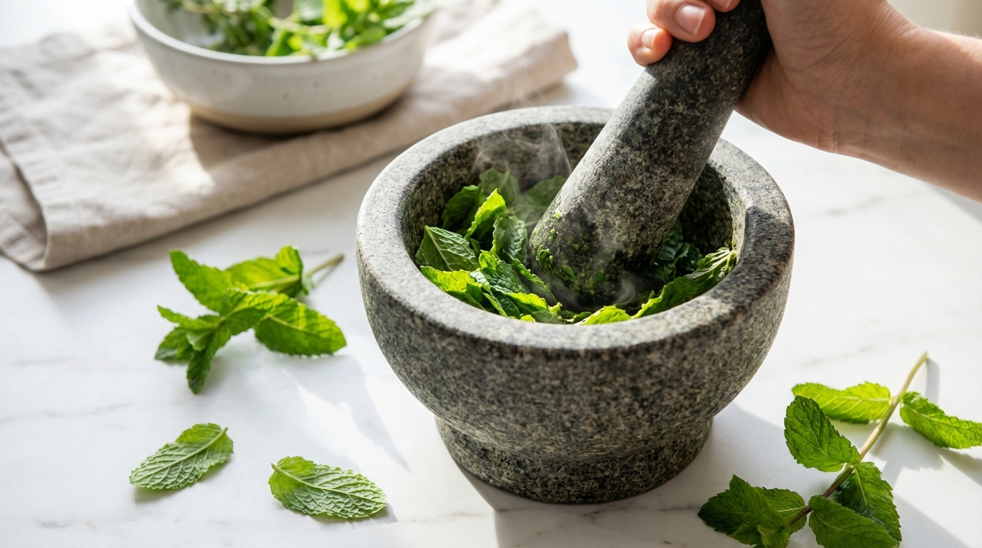 a photograph of fresh peppermint leaves being crushed in a mortar and pestle on a clean white countertop