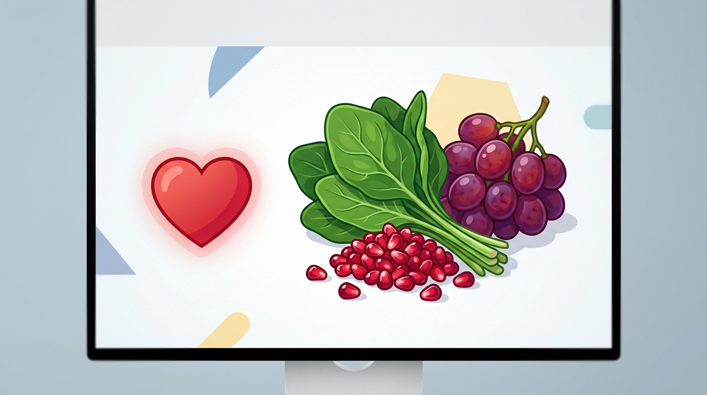 an infographic style photo showing a heart icon next to a bunch of fresh spinach, red grapes, and pomegranate seeds