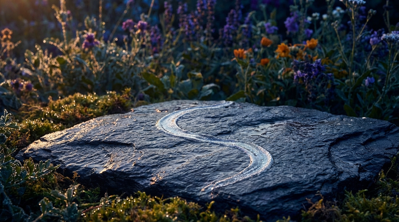 a glistening silver snail trail winding across a dark garden stone in the early morning light