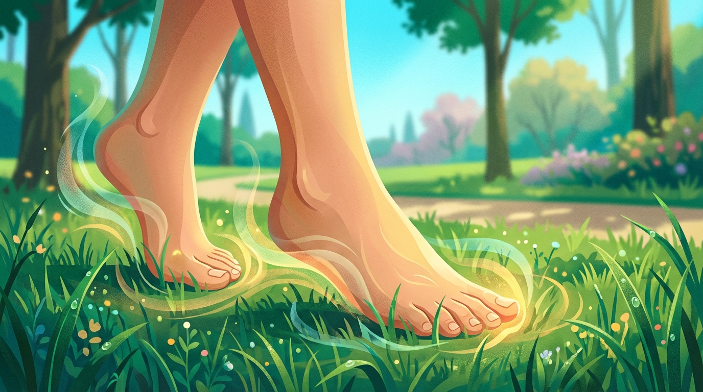 a person walking barefoot through a lush green park, focusing on the sensation of grass under their feet