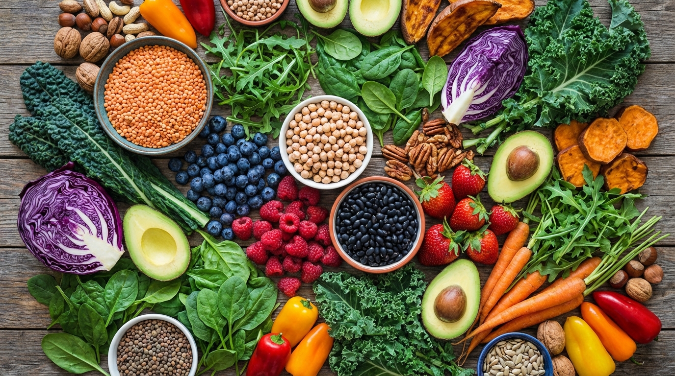 A top-down view of various colorful plant-based foods, including legumes, berries, and leafy greens, arranged artistically.