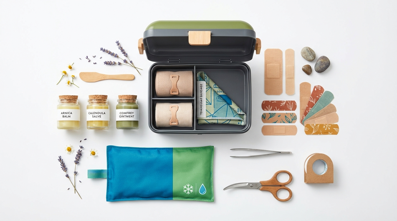 a flat lay of a first aid kit with natural salves, bandages, and a cold pack on a white background