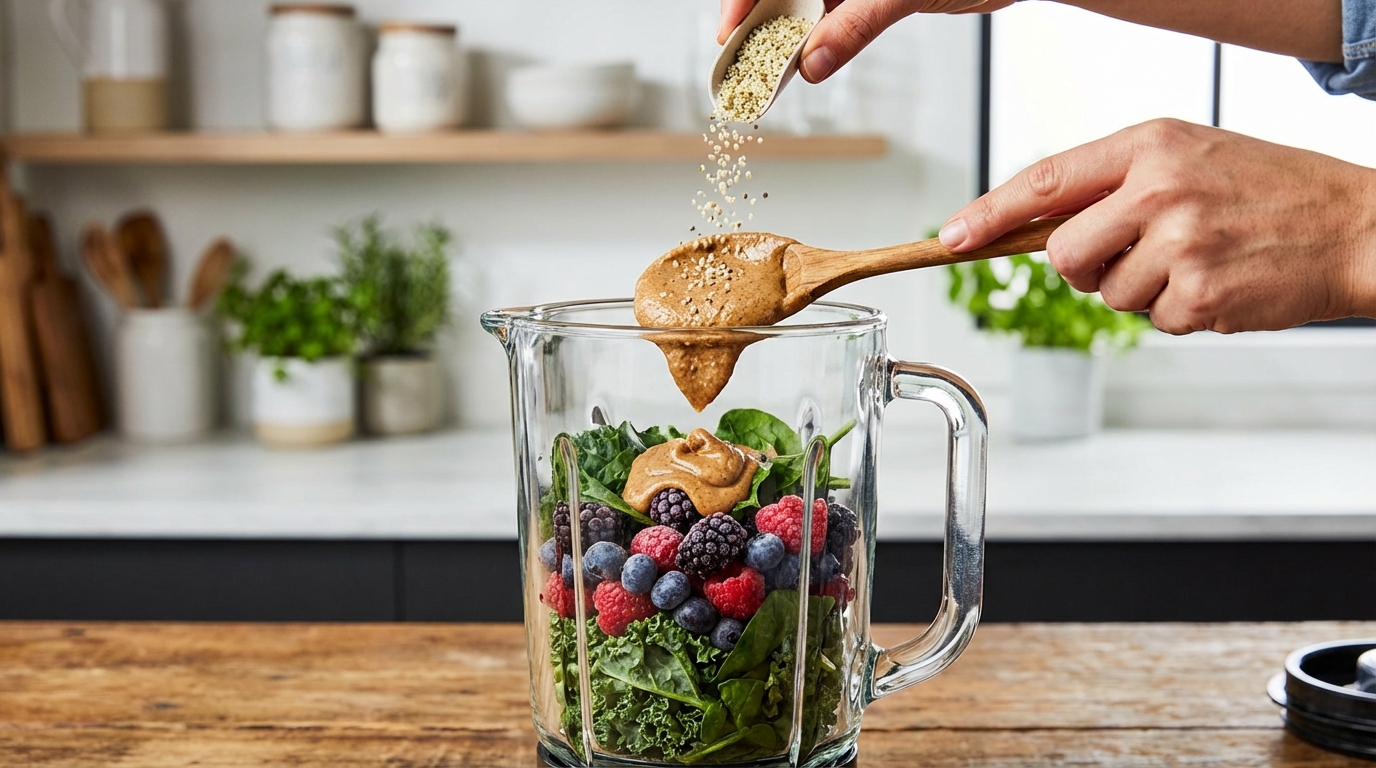 A person adding a spoonful of creamy almond butter and a sprinkle of hemp seeds into a blender filled with green leaves and frozen berries