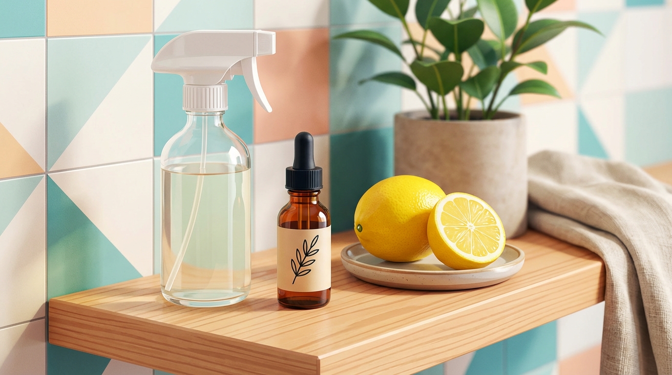 A bathroom shelf featuring a glass spray bottle, a bottle of rosemary oil, and a fresh lemon