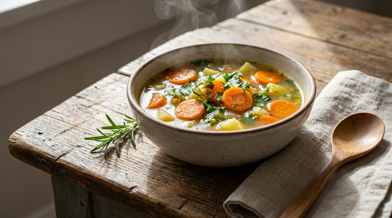 a steaming bowl of vegetable soup with carrots and herbs on a rustic wooden table
