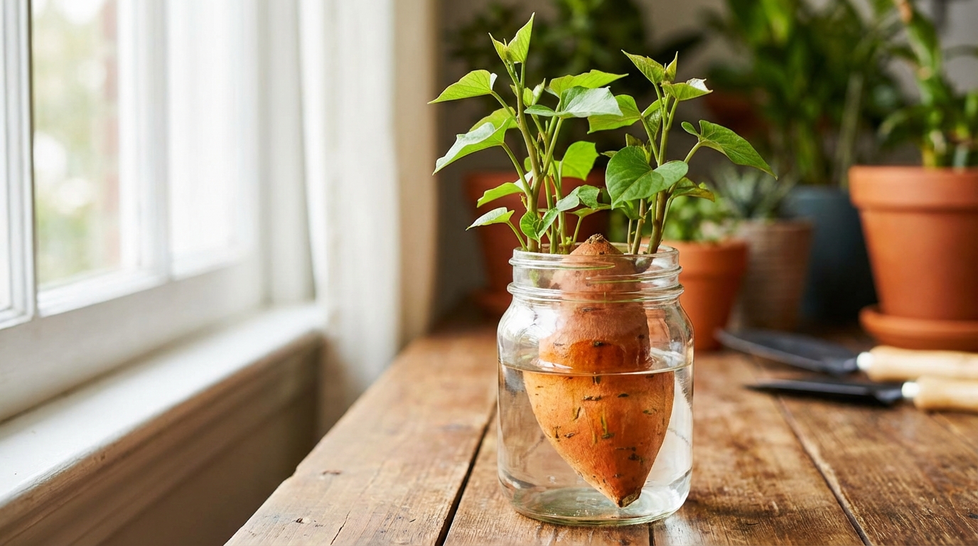 a close up of sweet potato slips growing out of a tuber in a glass jar of water