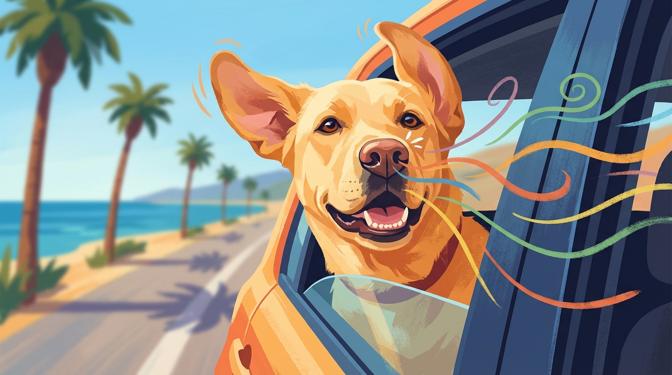 A happy Labrador Retriever with its head out a car window, ears flapping, and nose twitching to catch all the passing smells.