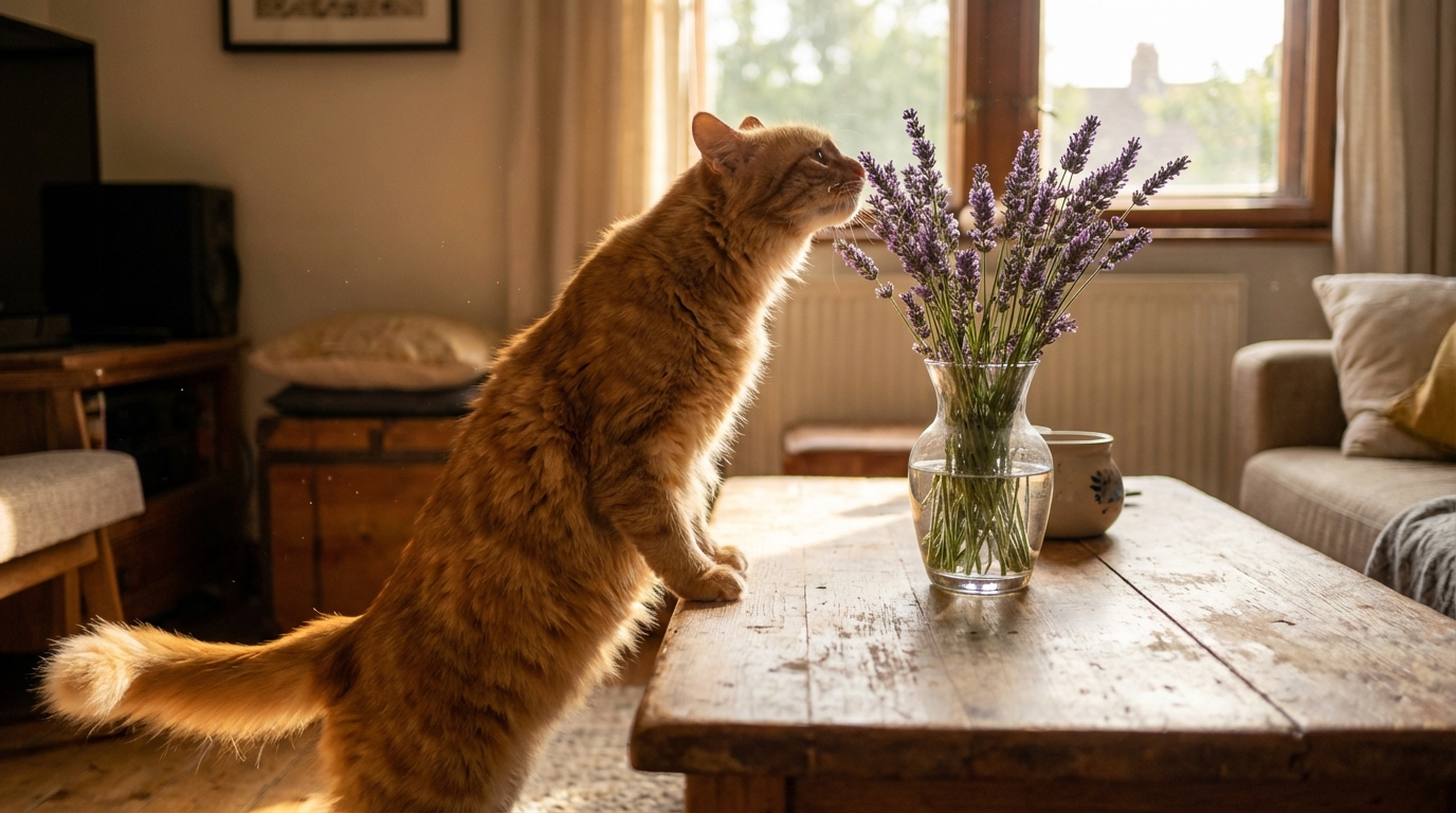 a domestic cat standing on its hind legs to sniff a vase of fresh lavender on a sunlit wooden table