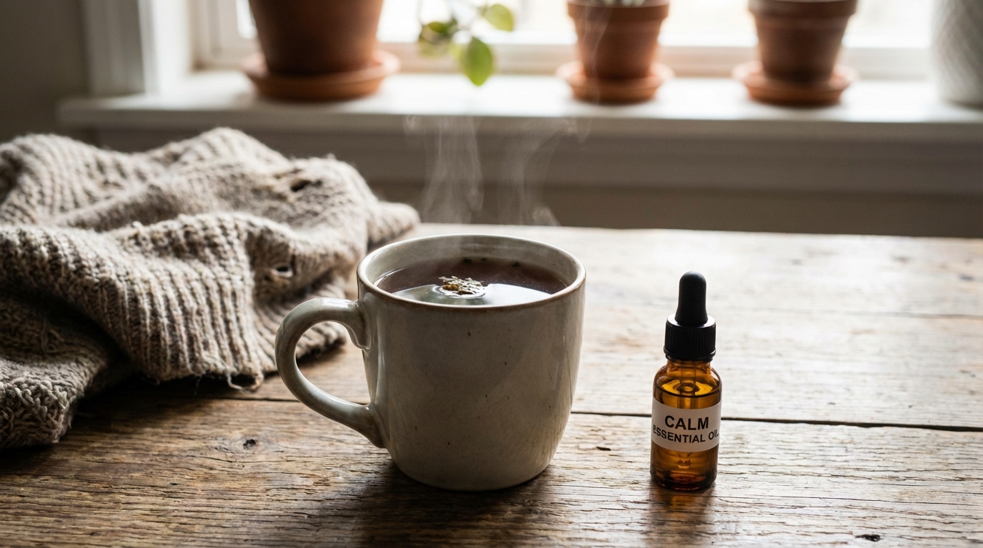 a soothing photograph of a warm cup of herbal tea sitting next to a small bottle of essential oil on a wooden table