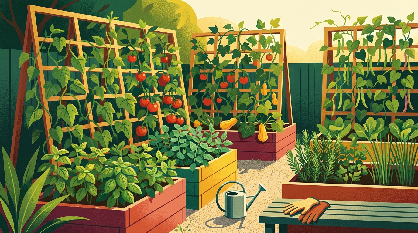 A small, high-yield backyard garden with vegetables growing vertically on trellises and herbs filling the spaces below.