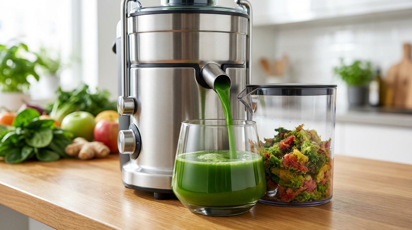 a professional juicer in action with a vibrant stream of green liquid flowing into a glass alongside a pile of discarded pulp