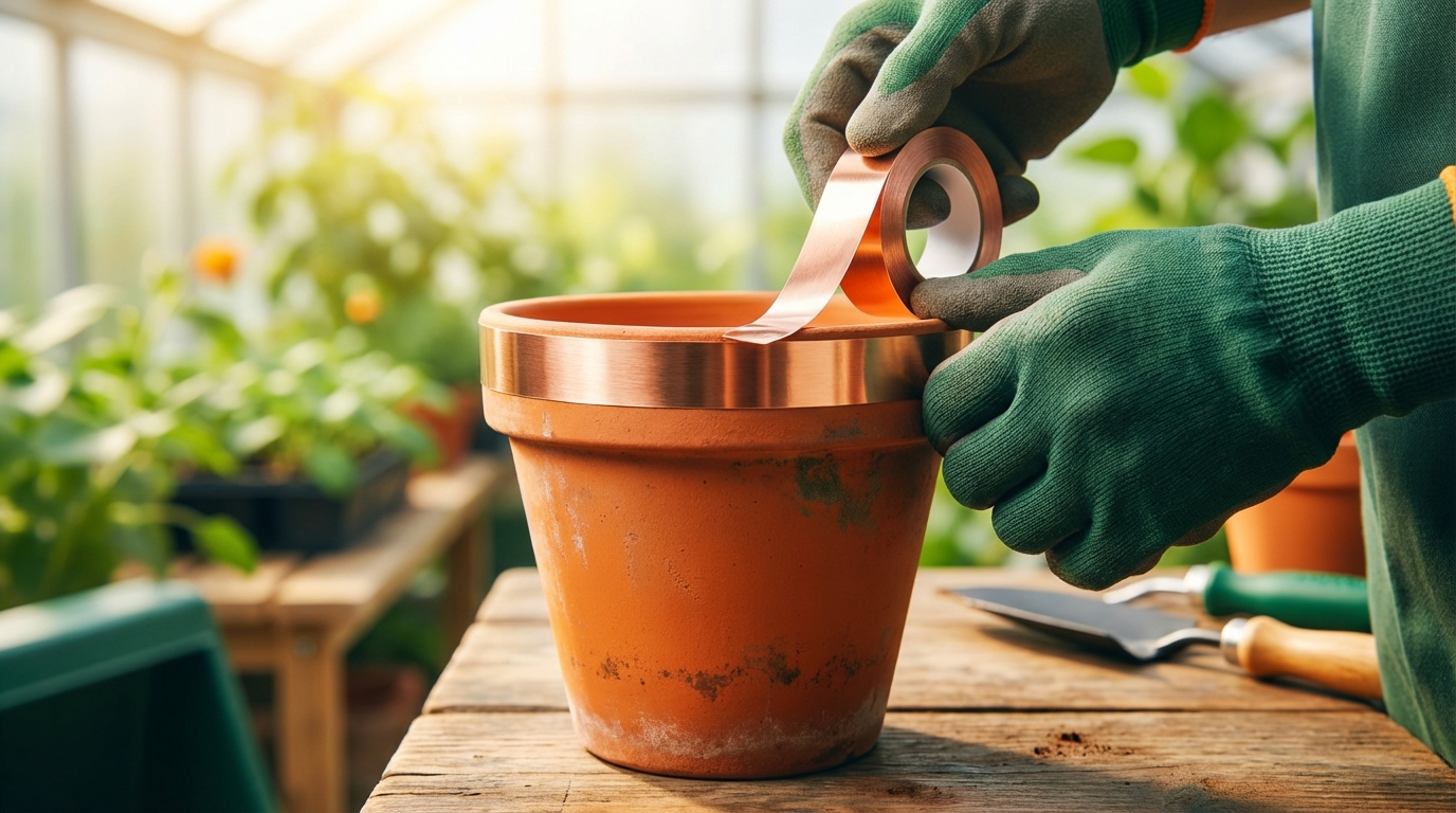 a person's hand placing copper tape around the rim of a terracotta plant pot