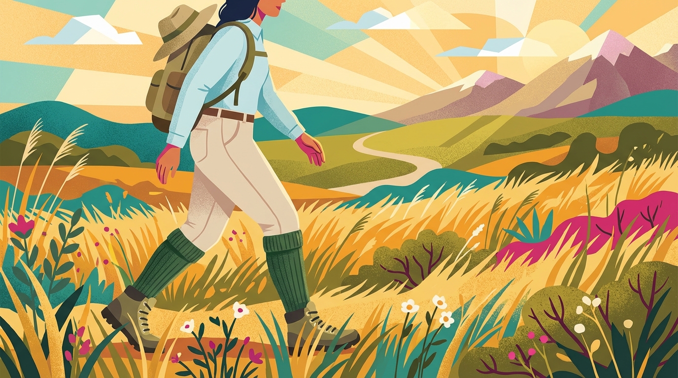 a person hiking through tall grass wearing protective long socks and light colored clothing