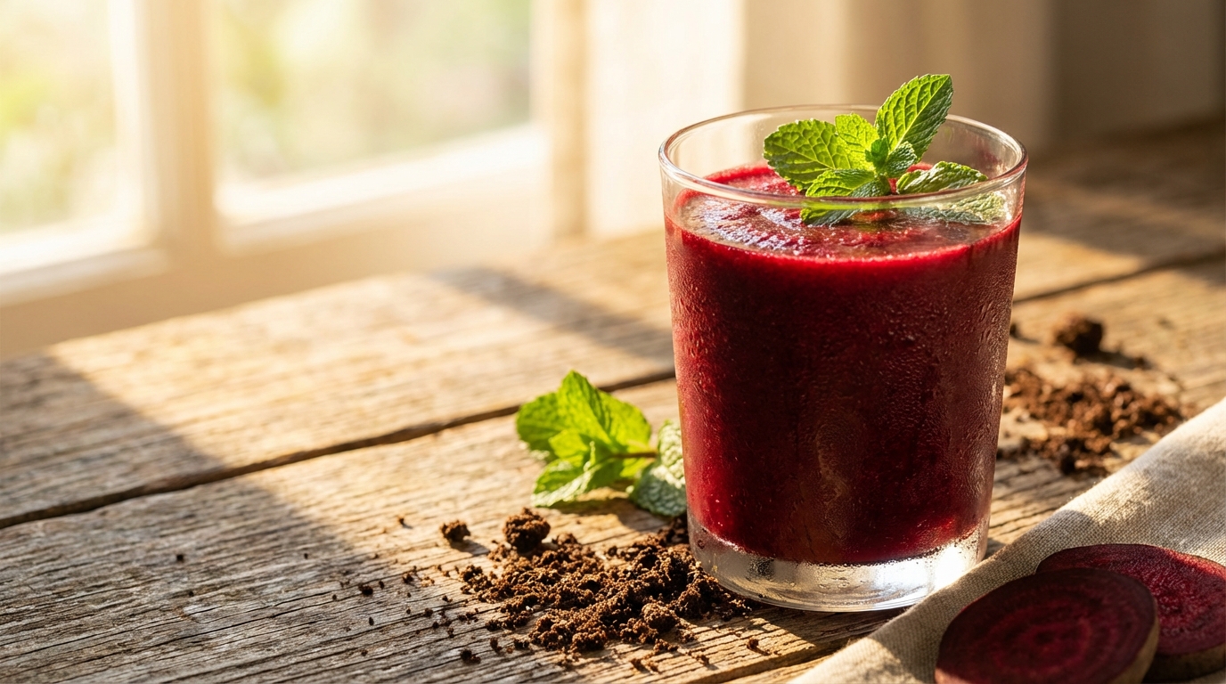 Close-up of a glass of dark red beet smoothie with a sprig of mint on top, sitting on a rustic wooden table with sunlight streaming in