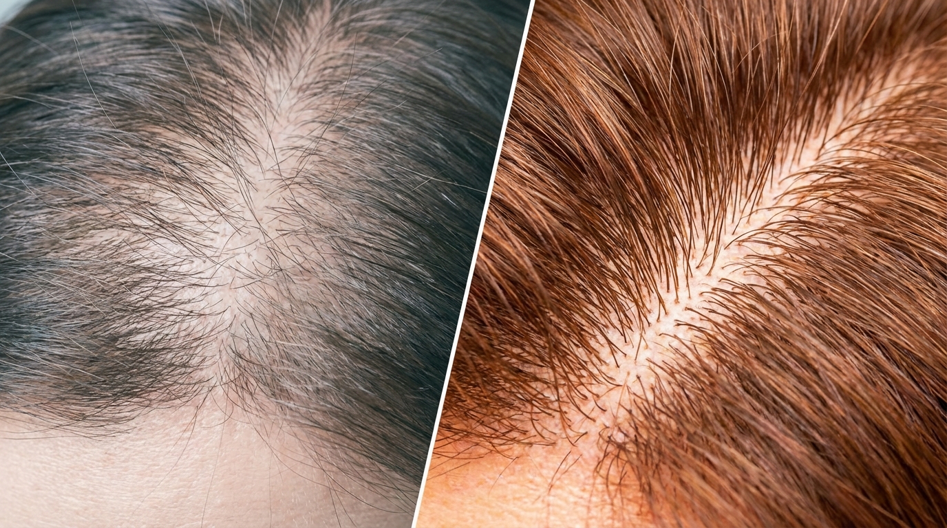 A split-screen style photo showing a close-up of a scalp part with visible thinning on the left and thicker growth on the right