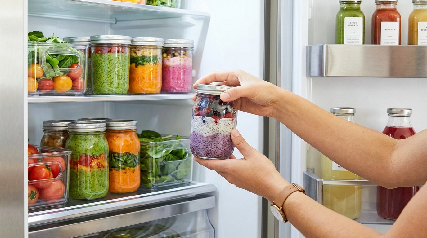 a person's hands placing several colorful jars of prepped chia pudding into a clean and organized refrigerator