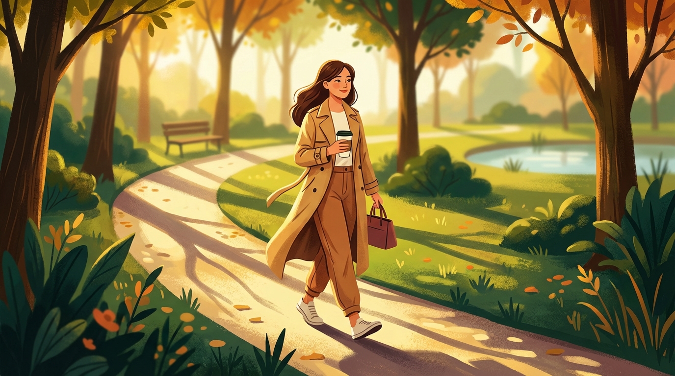 a woman walking peacefully on a sunlit path in a park representing a post-meal stroll