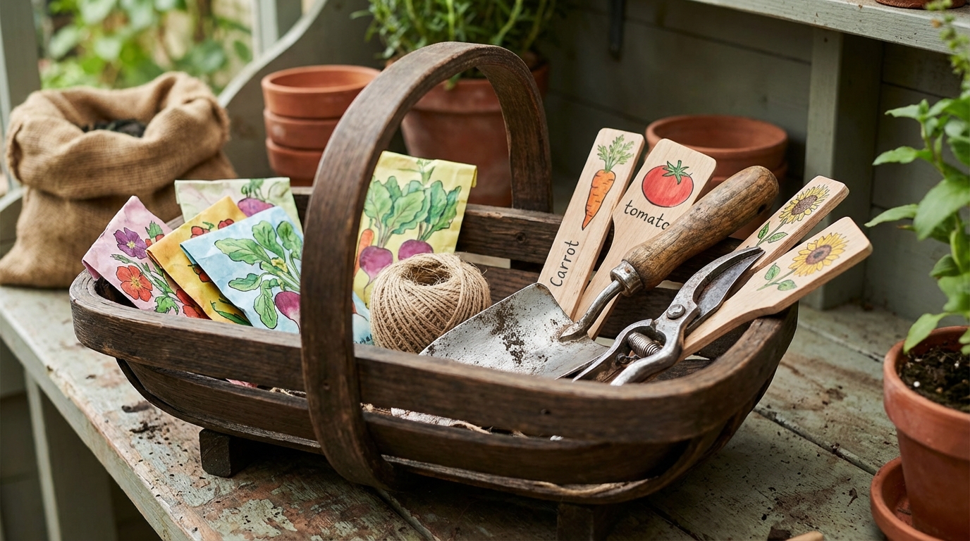 a wooden garden trug filled with garden tools, seed packets, and hand-written plant labels