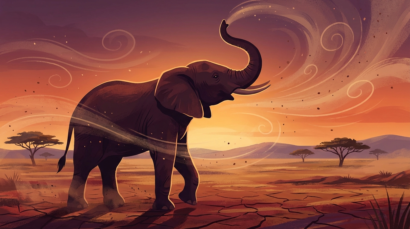 An African elephant lifting its trunk high in the air against a sunset background, sniffing the breeze for water or predators.