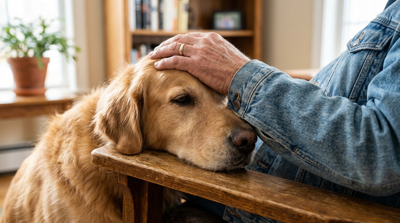 a close-up of a person's hand gently stroking a dog's head as the dog rests its chin on a piece of the person's clothing