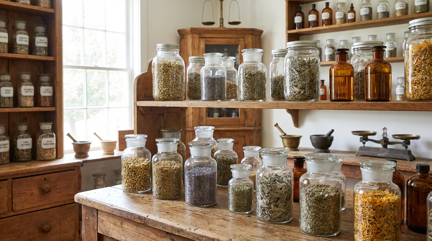 a professional photograph of various glass jars containing dried herbs and clear oils in a brightly lit pharmacy style setting