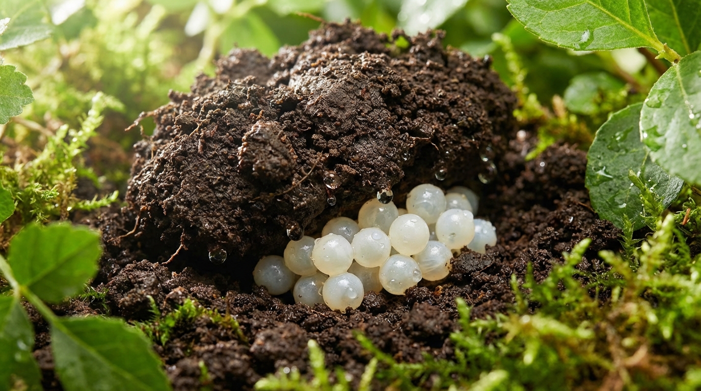 a cluster of translucent white snail eggs tucked under a damp clod of dark brown garden soil