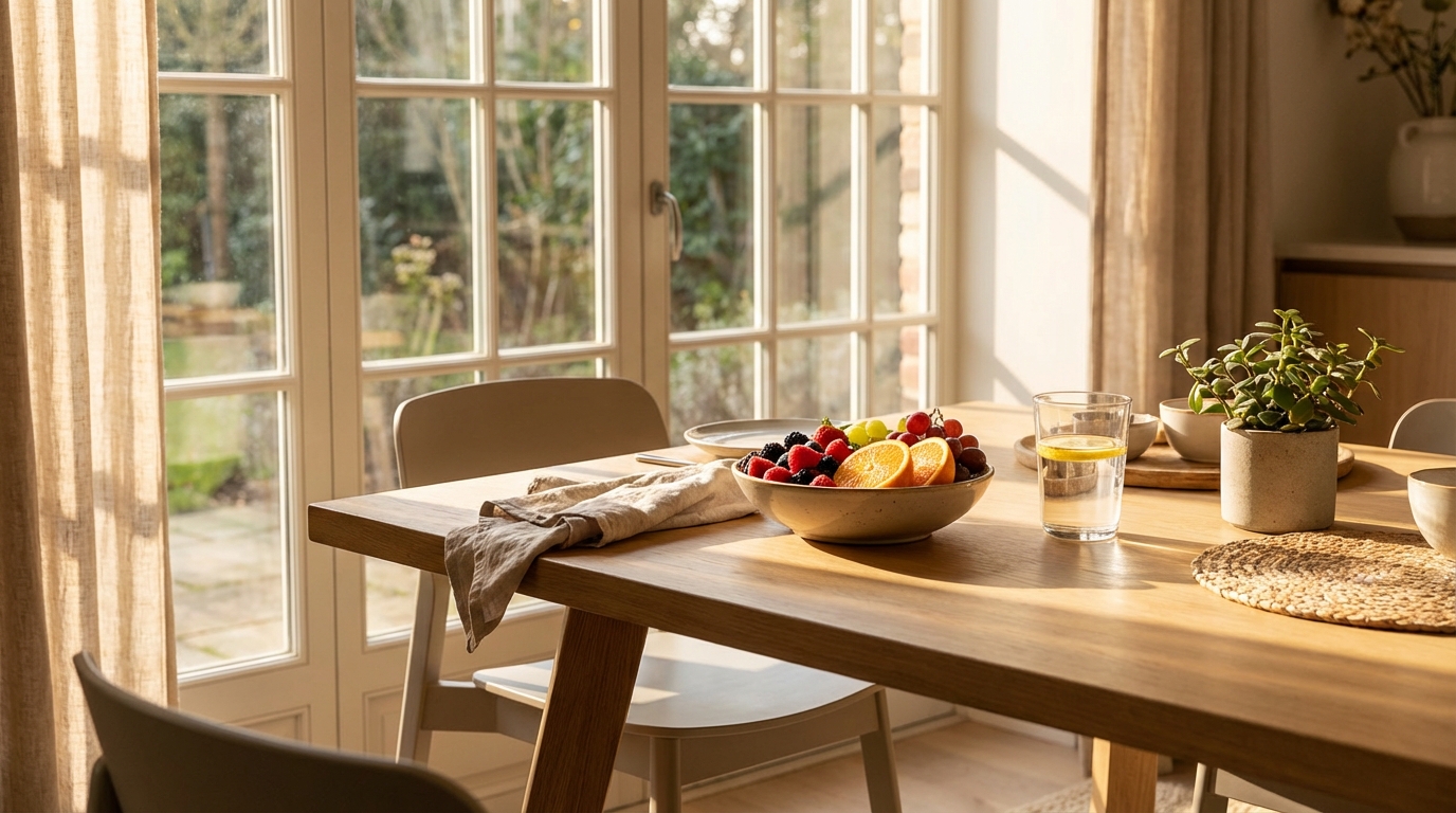 sunlight streaming through a window onto a breakfast table with a bowl of fresh fruit and a glass of water